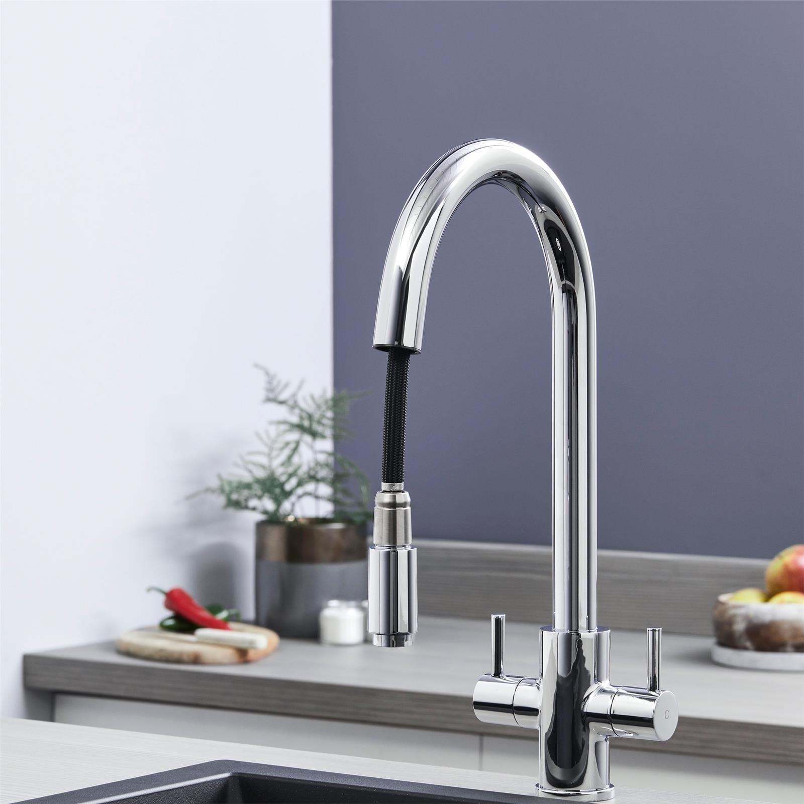 W04CH Twin Lever Kitchen Sink Mixer Tap With Pull Out Spray In Chrome